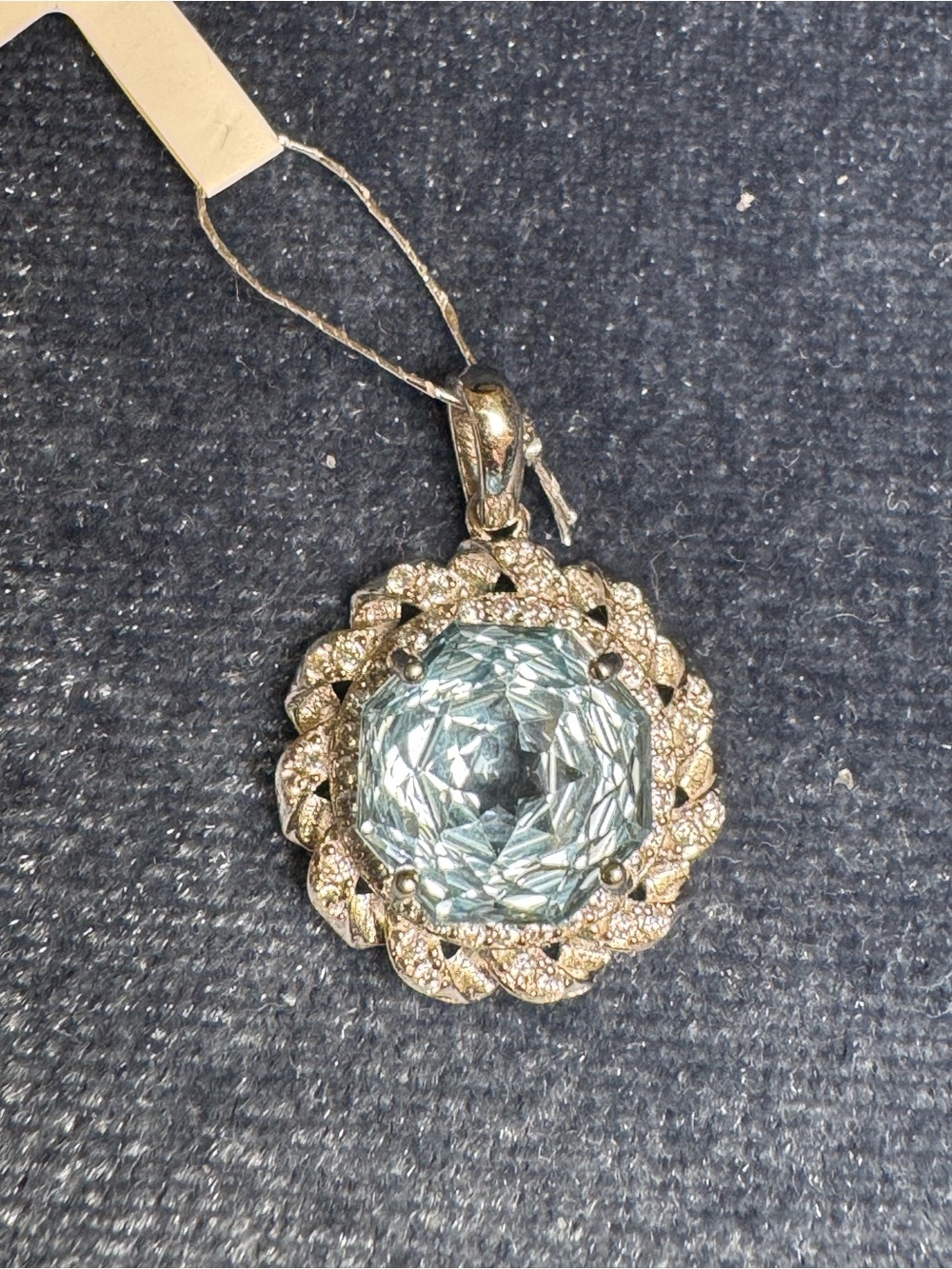 NWT aquamarine blue topaz pendant necklace Portugese cut 925 silver w ribbon cz